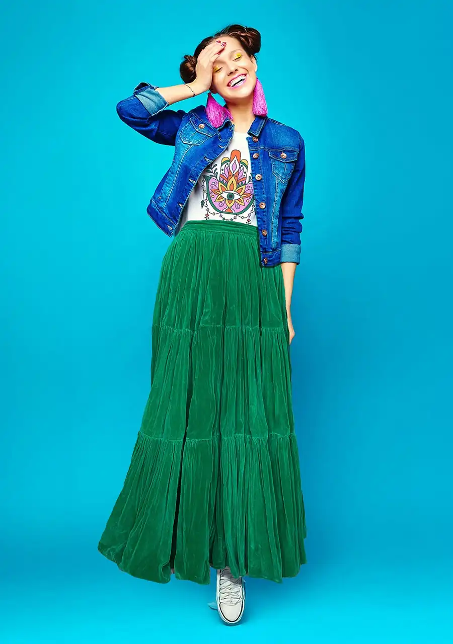 New in the Shop: A 1970s Green Velvet Skirt with Serious Boho Mojo