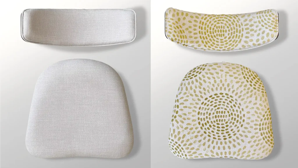 Upholstered seat and seat back before and after hand painting.