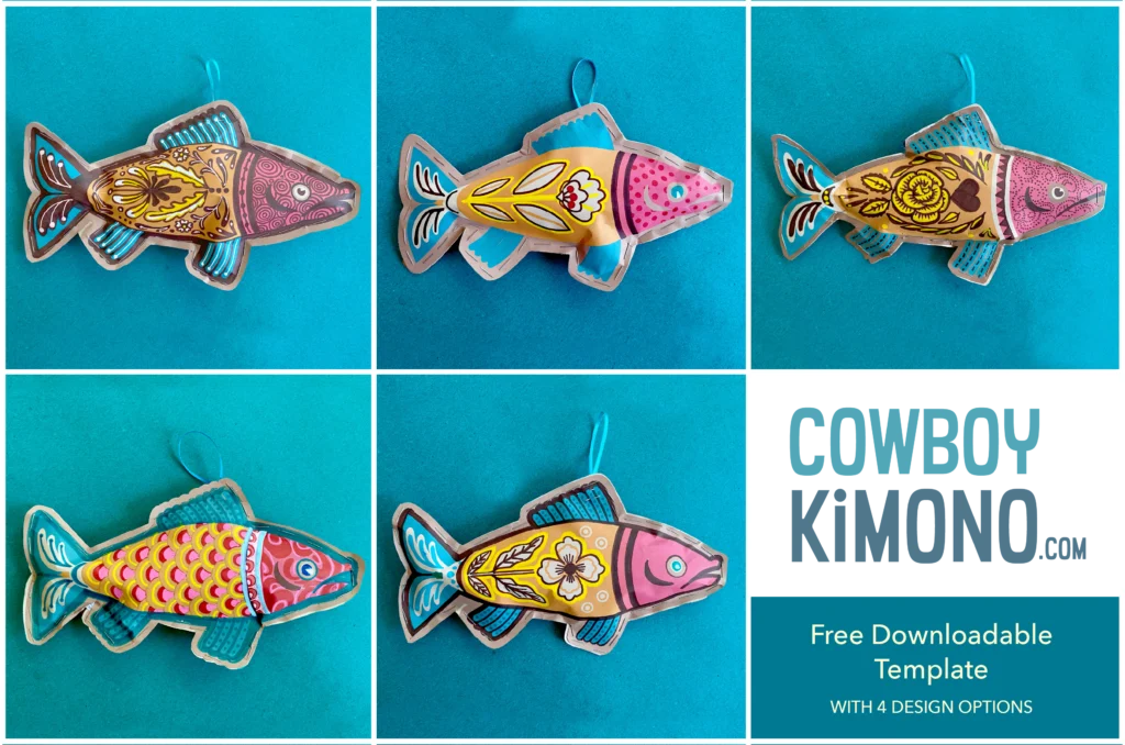 Colorful Kraft paper fish with various designs.